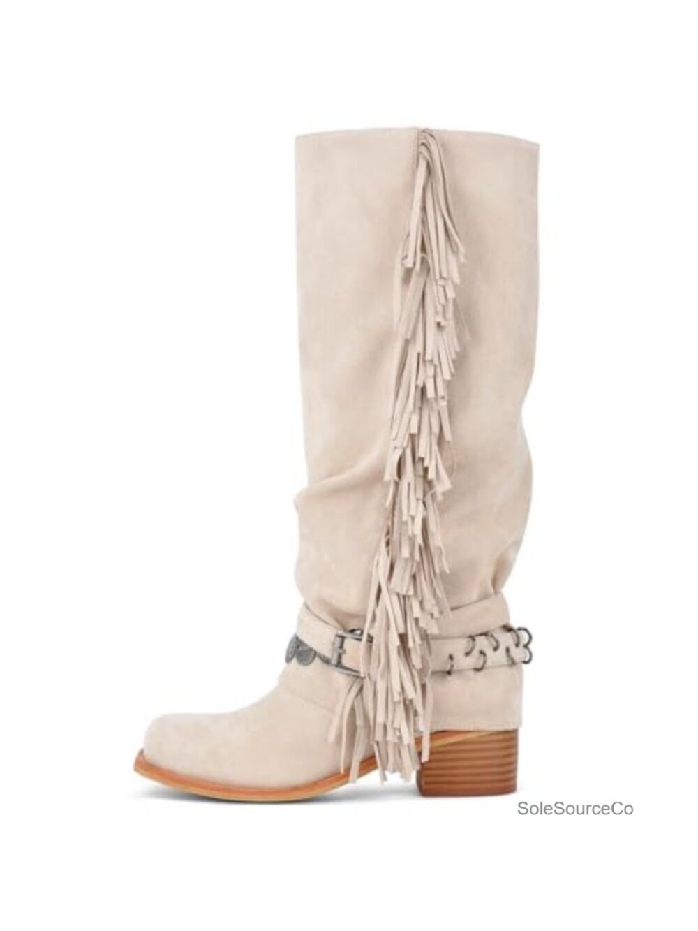 Suede Knee High Riding Boots Chunky Heel Square Toe Fringe Moto